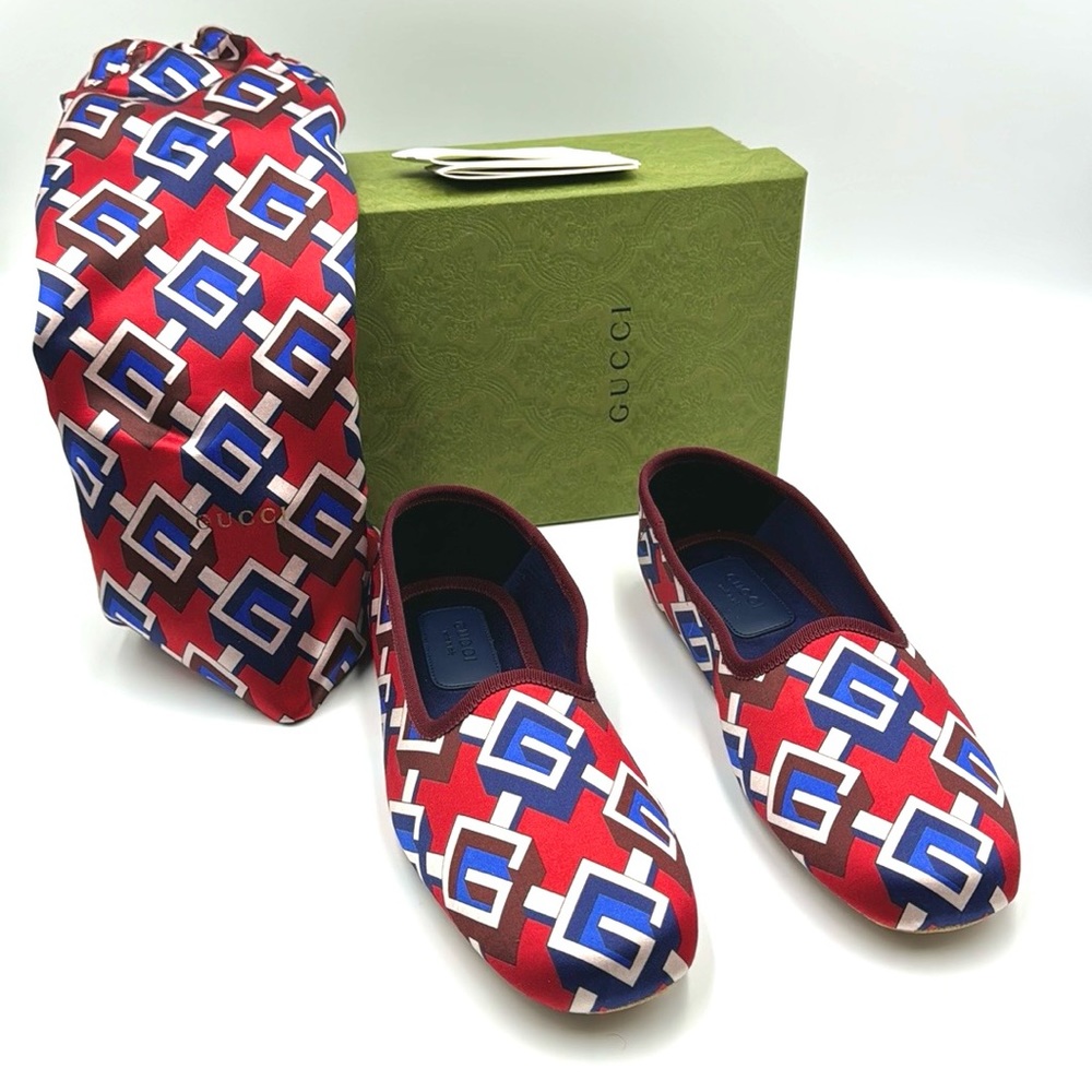 Gucci Satin Voyage Eco Geometric Print Grosgrain Trim Ballet Flats
